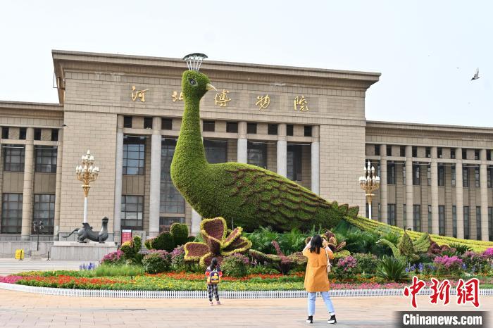 圖為游客在花壇前拍照打卡。　翟羽佳 攝