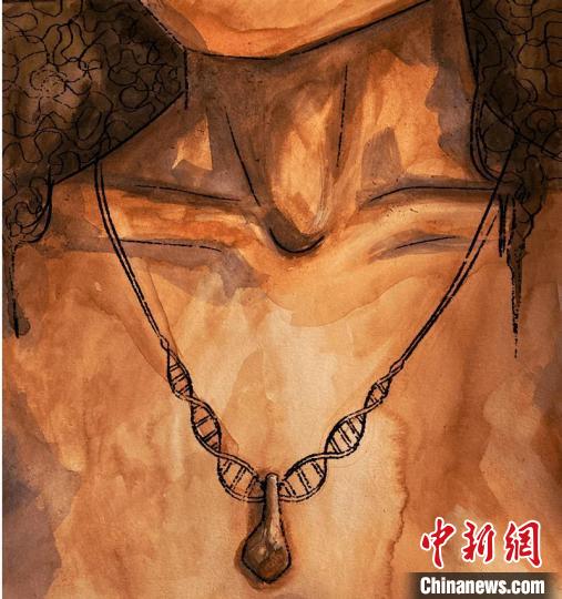 墜飾藝術(shù)再現(xiàn)圖，圖中吊墜繩為DNA螺旋樣式(圖片作者M(jìn)yrthe Lucas)。　施普林格·自然 供圖