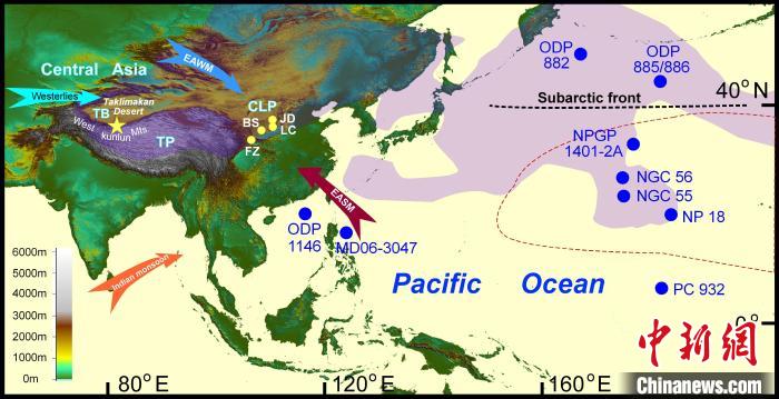 塔里木沙塵傳輸至北太平洋的路徑(陰影區(qū))及西昆侖山黃土巖芯位置(五角星)?！≈锌圃呵嗖馗咴?供圖