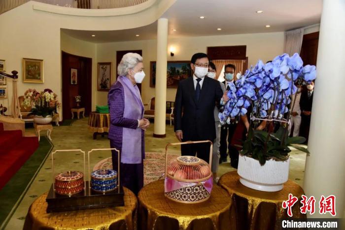 王文天大使介紹中國傳統(tǒng)工藝品及云南的蘭花和鮮果?！≈袊v柬埔寨大使館微信公眾號 攝