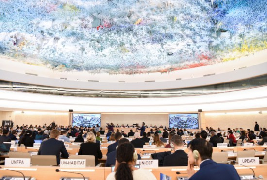 這是1月23日在瑞士日內(nèi)瓦拍攝的聯(lián)合國人權(quán)理事會第四輪國別人權(quán)審議現(xiàn)場。新華社記者連漪攝