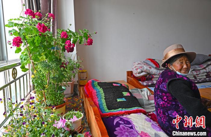 圖為曲松縣特困人員集中供養(yǎng)中心老人德吉卓嘎與她的花?！≮w朗 攝