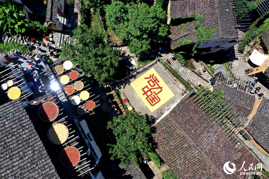 篁嶺曬秋大媽用農(nóng)作物曬出“活力中國(guó)”。人民網(wǎng)記者 時(shí)雨攝