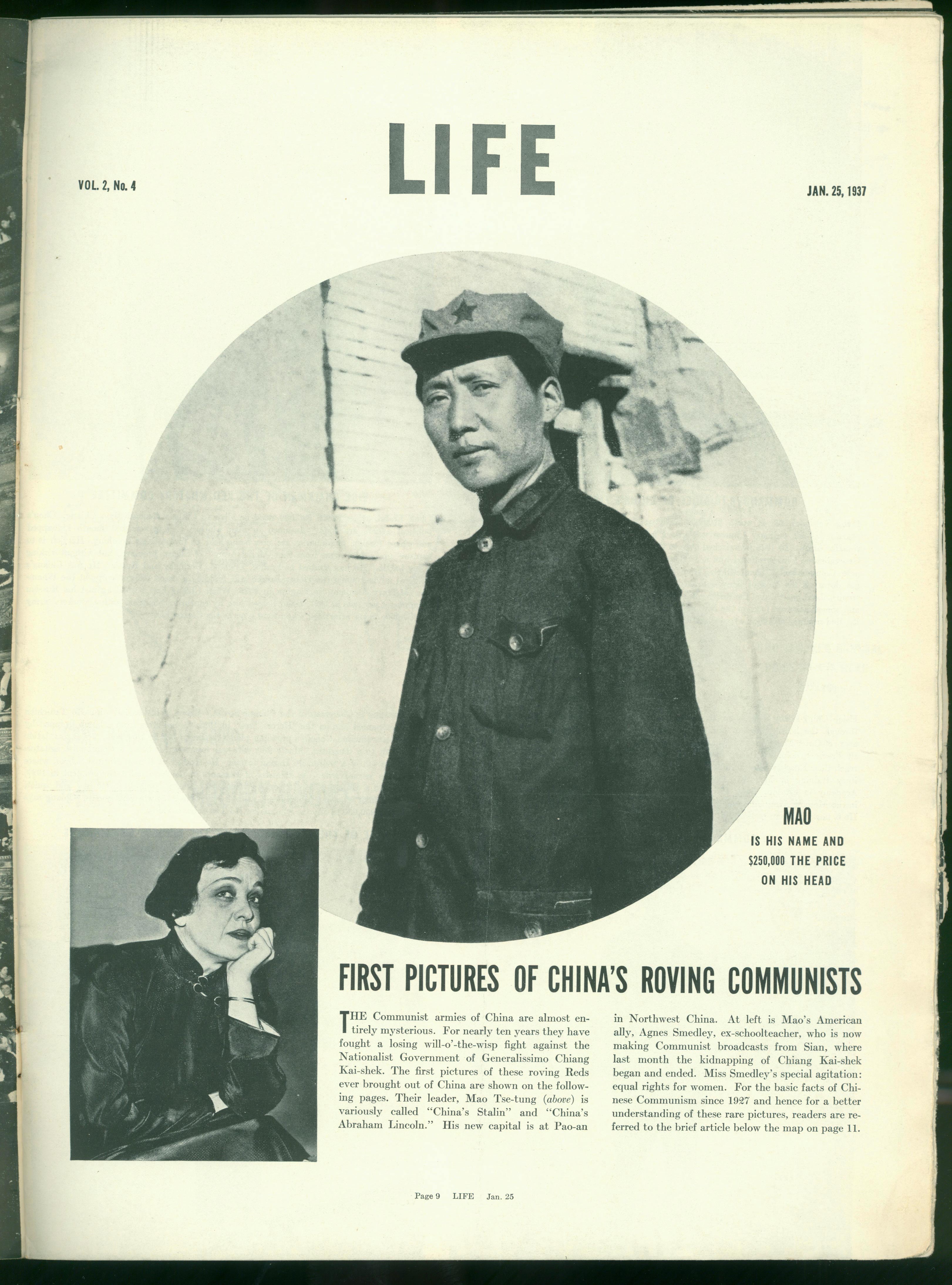 1937年1月25日，美國《生活》周刊刊登毛澤東照片，照片右下方寫著一行字：“毛，這是他的名字，他的人頭價值25萬元。”