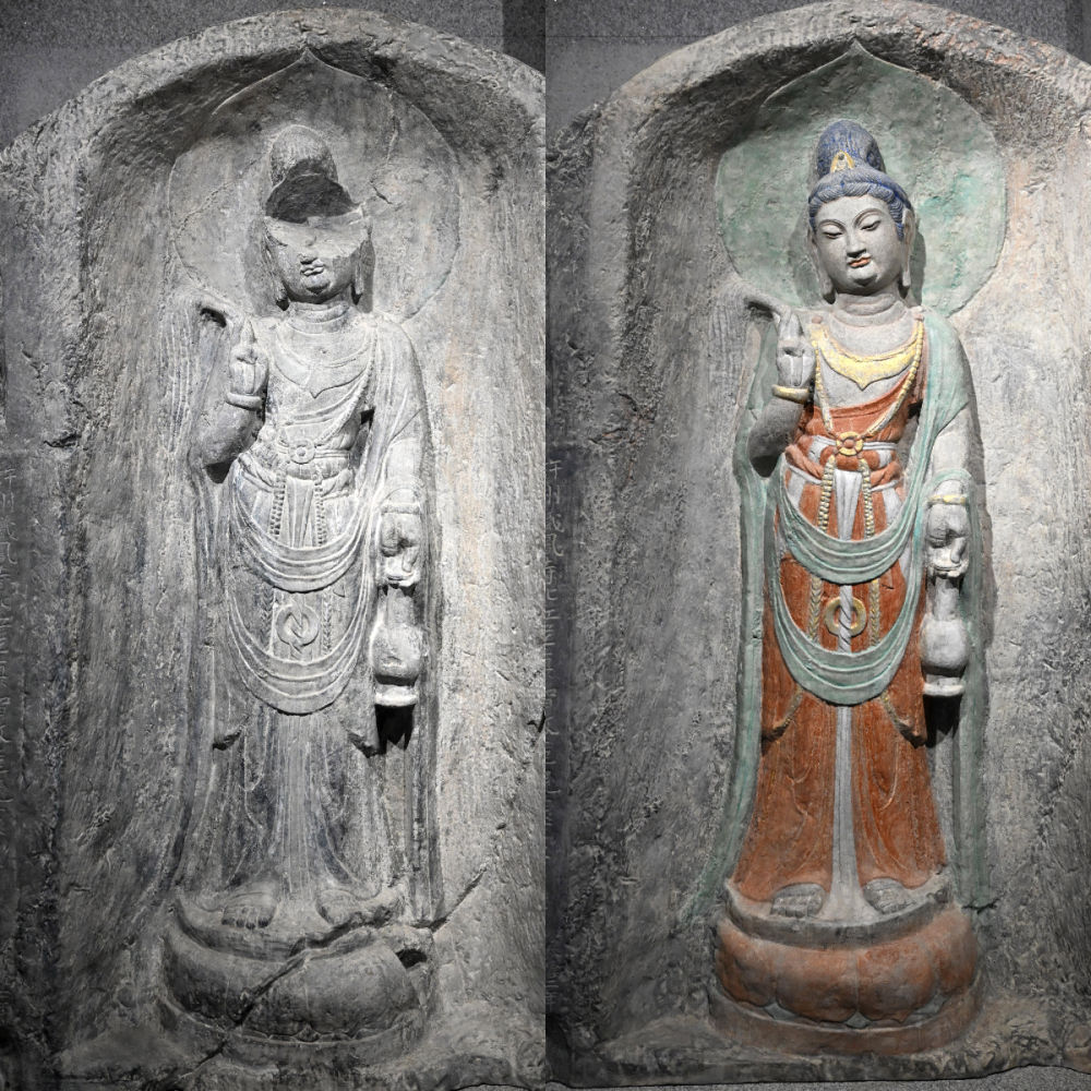 左圖為龍門石窟萬佛洞窟前南壁菩薩造像的3D打印模型；右圖為利用數(shù)字化技術(shù)復(fù)原后的3D打印模型（2025年4月10日攝，拼版照片）。復(fù)原后的像龕精妙絕倫，栩栩如生，被游客譽(yù)為“龍門最美菩薩”。圖片來源新華社