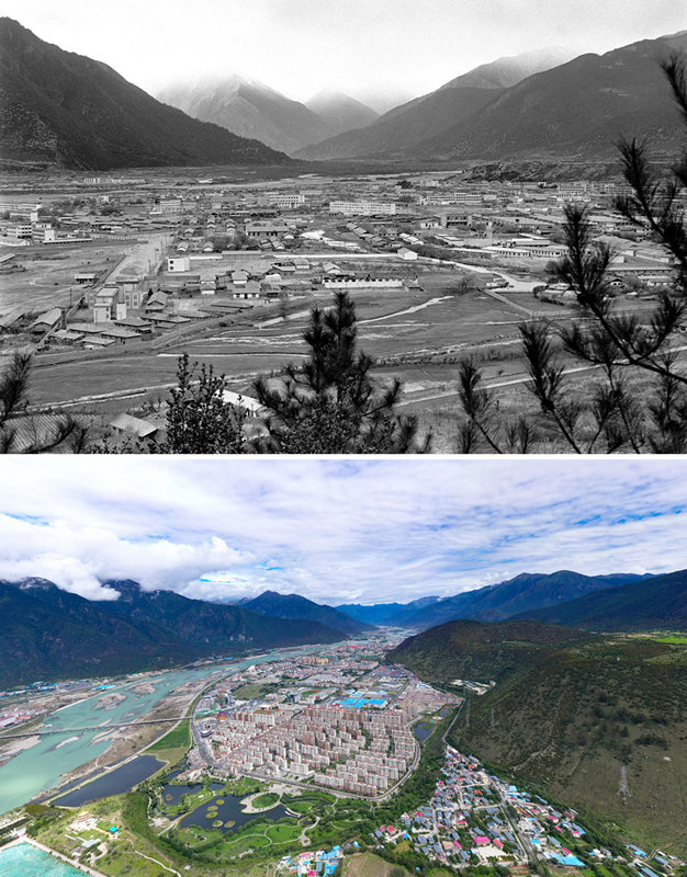 拼版照片：上圖是20世紀(jì)90年代的西藏林芝八一鎮(zhèn)；下圖是2021年7月20日拍攝的西藏林芝八一鎮(zhèn)風(fēng)貌。