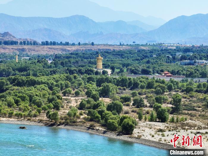 航拍貴德縣黃河岸畔綠意盎然?！●R銘言 攝