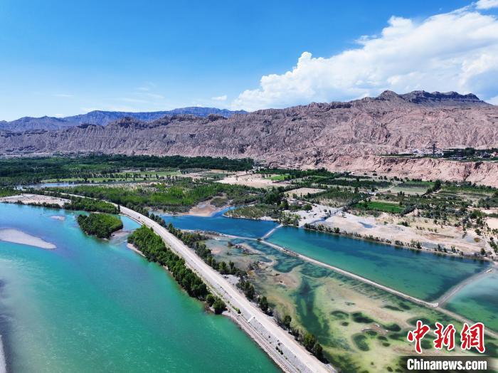 航拍貴德縣黃河岸畔綠意盎然。　馬銘言 攝