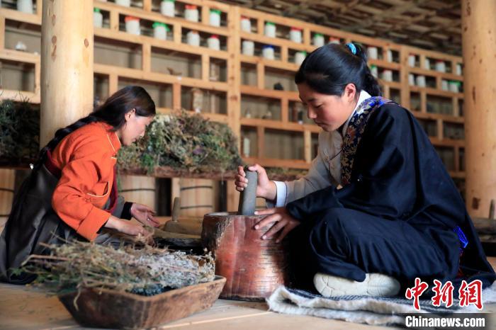 藥材搗碎。　王磊 攝