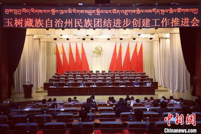 圖為玉樹州民族團結進步創(chuàng)建工作推進會現(xiàn)場?！『F龍 攝