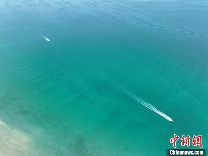圖為航拍仲夏時節(jié)，青海湖湖水碧波蕩漾?！∑钤鲚?攝