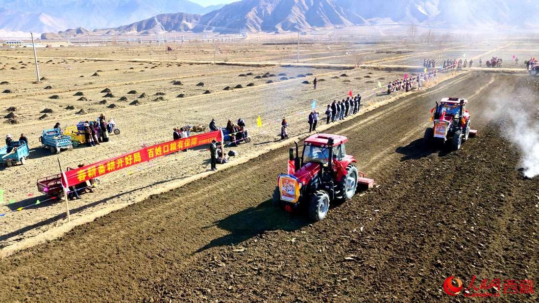 山南市扎囊縣扎其鄉(xiāng)孟卡榮村迎來(lái)春耕第一犁。人民網(wǎng) 次仁羅布攝