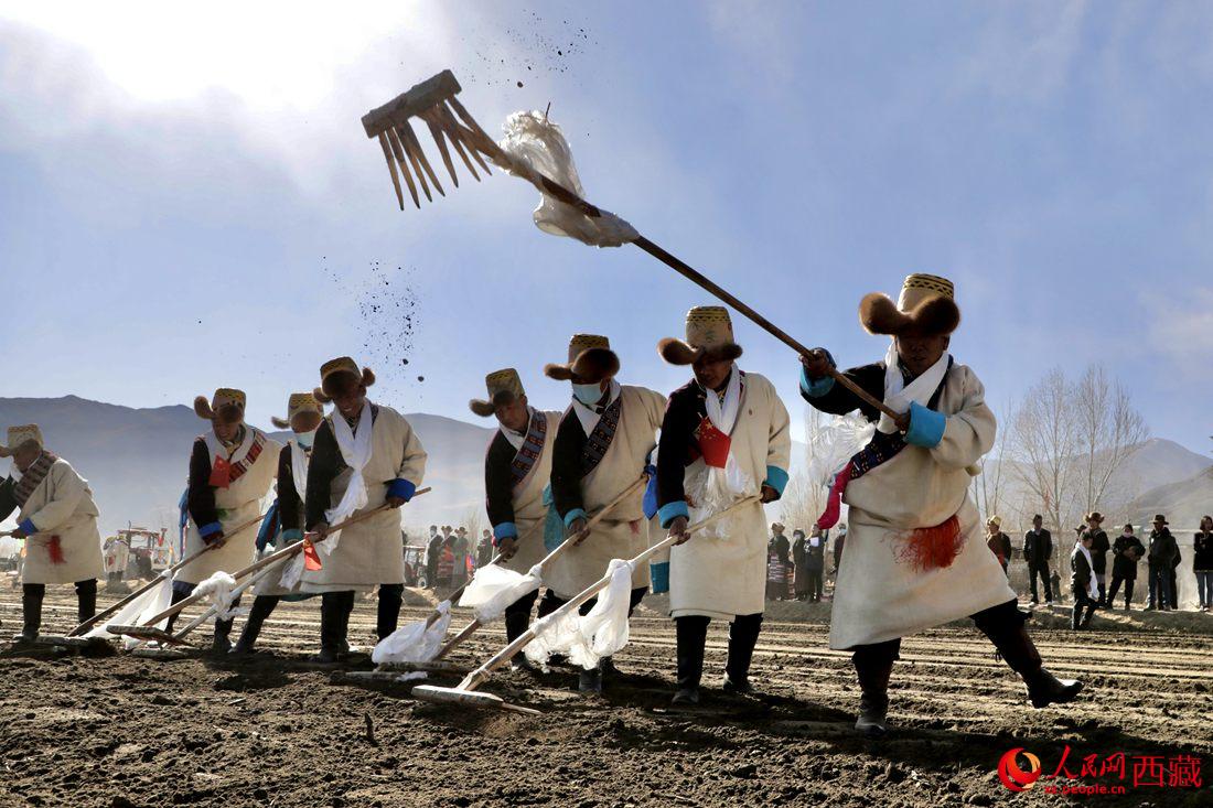 當(dāng)?shù)卮迕裆碇?jié)日盛裝，舉行春耕儀式。人民網(wǎng) 次仁羅布攝