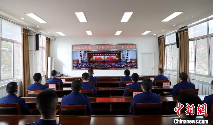 圖為西藏昌都市森林消防支隊(duì)收看二十大開幕直播?！⌒焖寂?攝